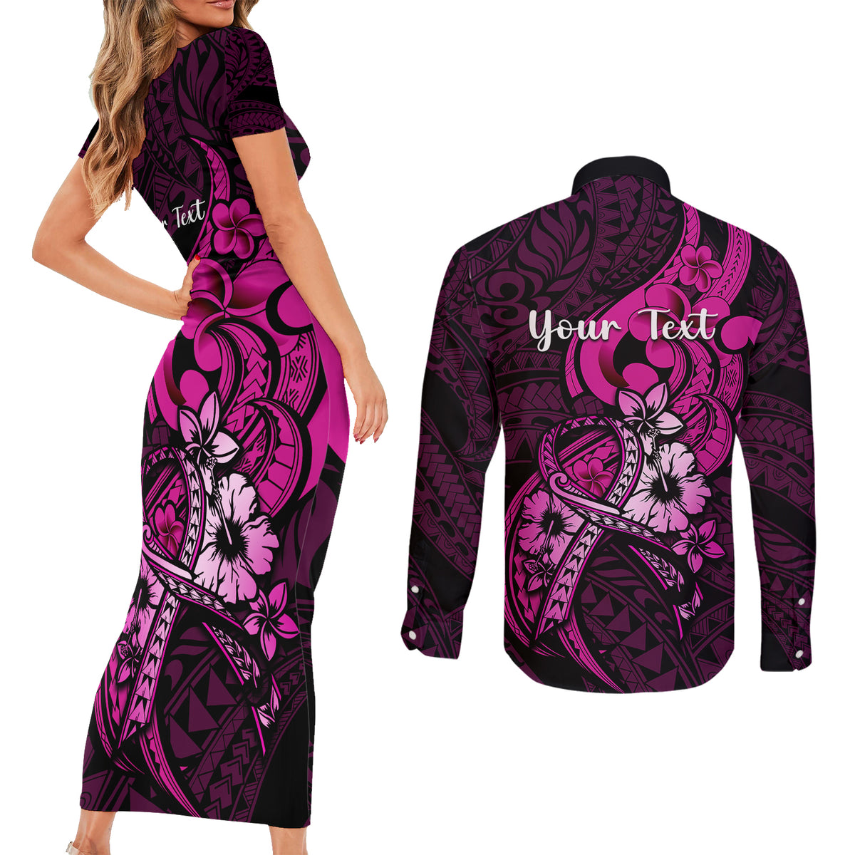 personalised-polynesia-breast-cancer-awareness-couples-matching-short-sleeve-bodycon-dress-and-long-sleeve-button-shirts-think-pink-polynesian-ribbon-black-version