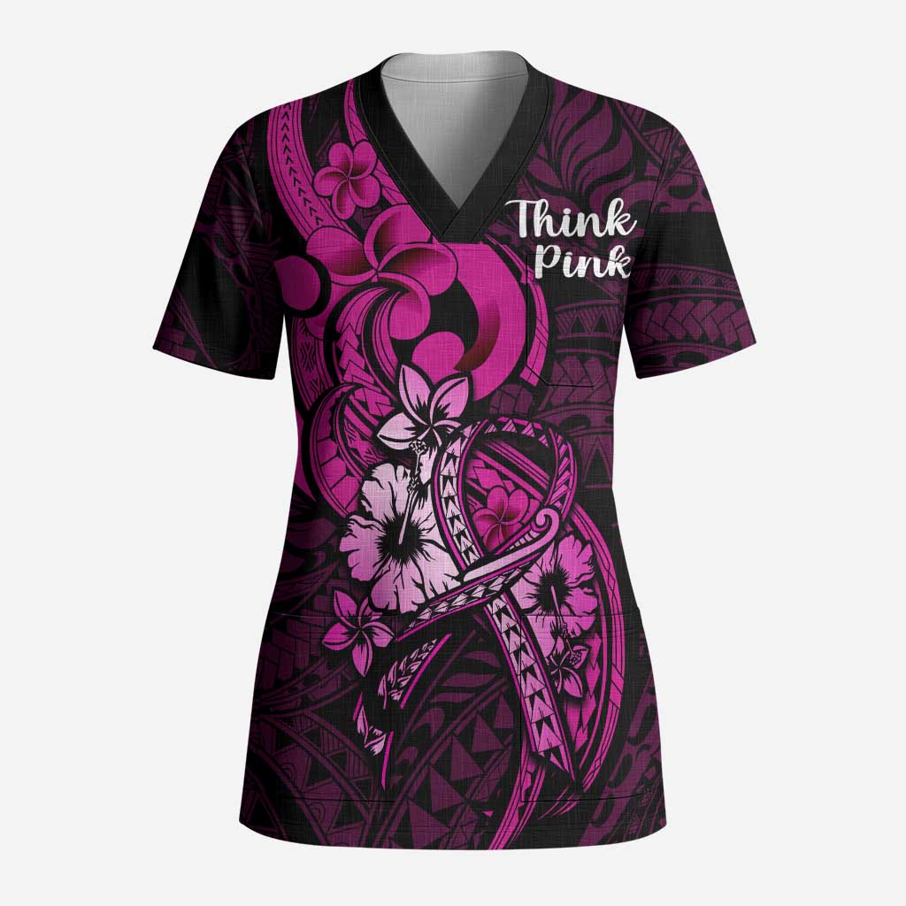 Personalised Polynesia Breast Cancer Awareness Scrub Top Think Pink Polynesian Ribbon Black Version - Polynesian Pride