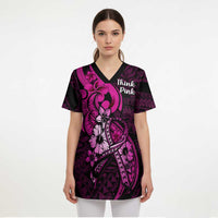 Personalised Polynesia Breast Cancer Awareness Scrub Top Think Pink Polynesian Ribbon Black Version - Polynesian Pride