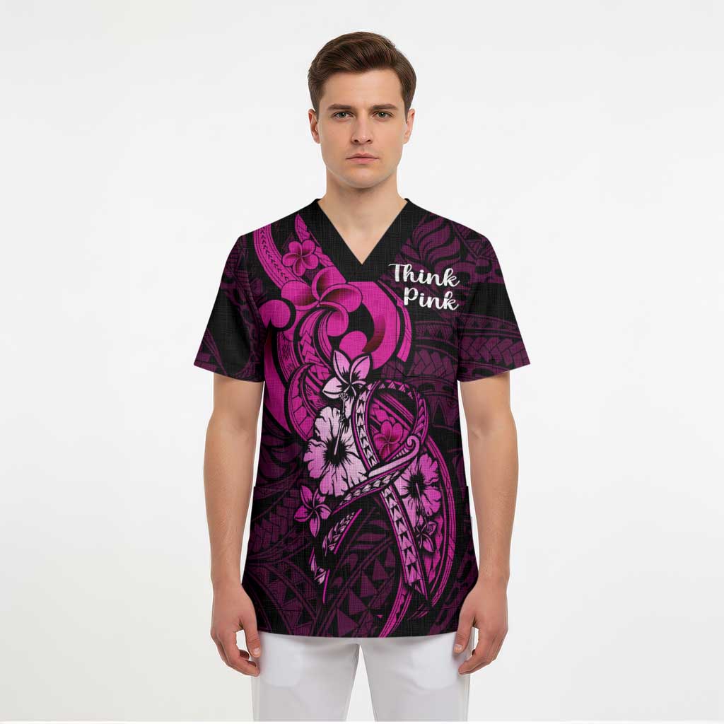 Personalised Polynesia Breast Cancer Awareness Scrub Top Think Pink Polynesian Ribbon Black Version - Polynesian Pride