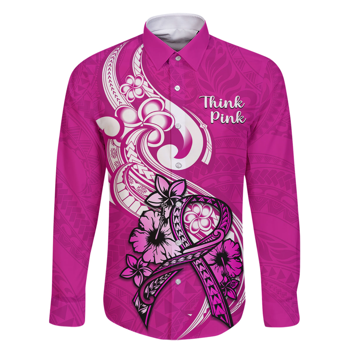 polynesia-breast-cancer-awareness-family-matching-short-sleeve-bodycon-dress-and-hawaiian-shirt-think-pink-polynesian-ribbon-white-version