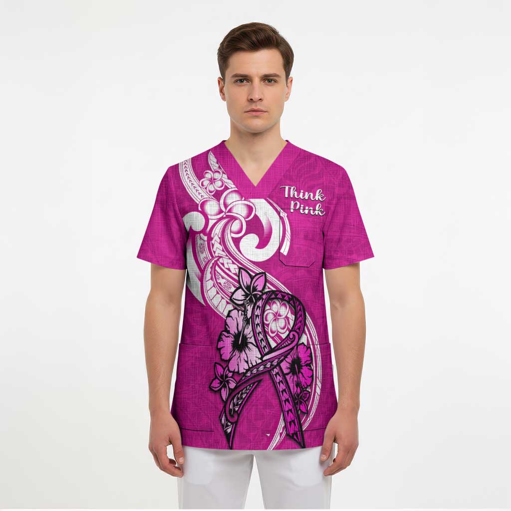 Polynesia Breast Cancer Awareness Scrub Top Think Pink Polynesian Ribbon White Version - Polynesian Pride