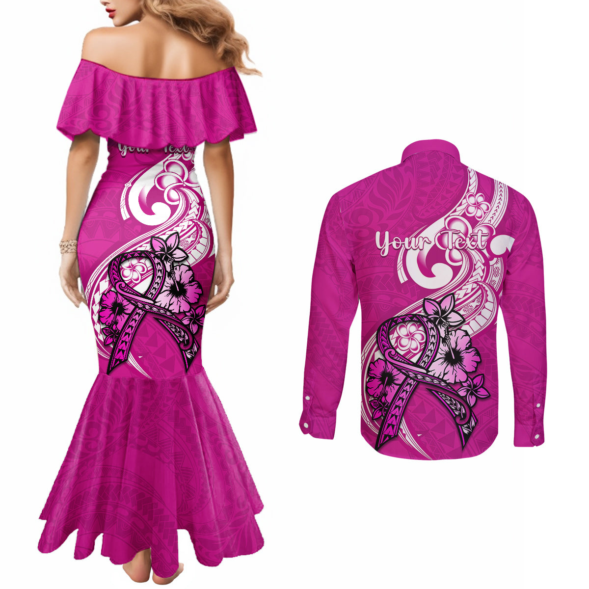 personalised-polynesia-breast-cancer-awareness-couples-matching-mermaid-dress-and-long-sleeve-button-shirts-think-pink-polynesian-ribbon-white-version