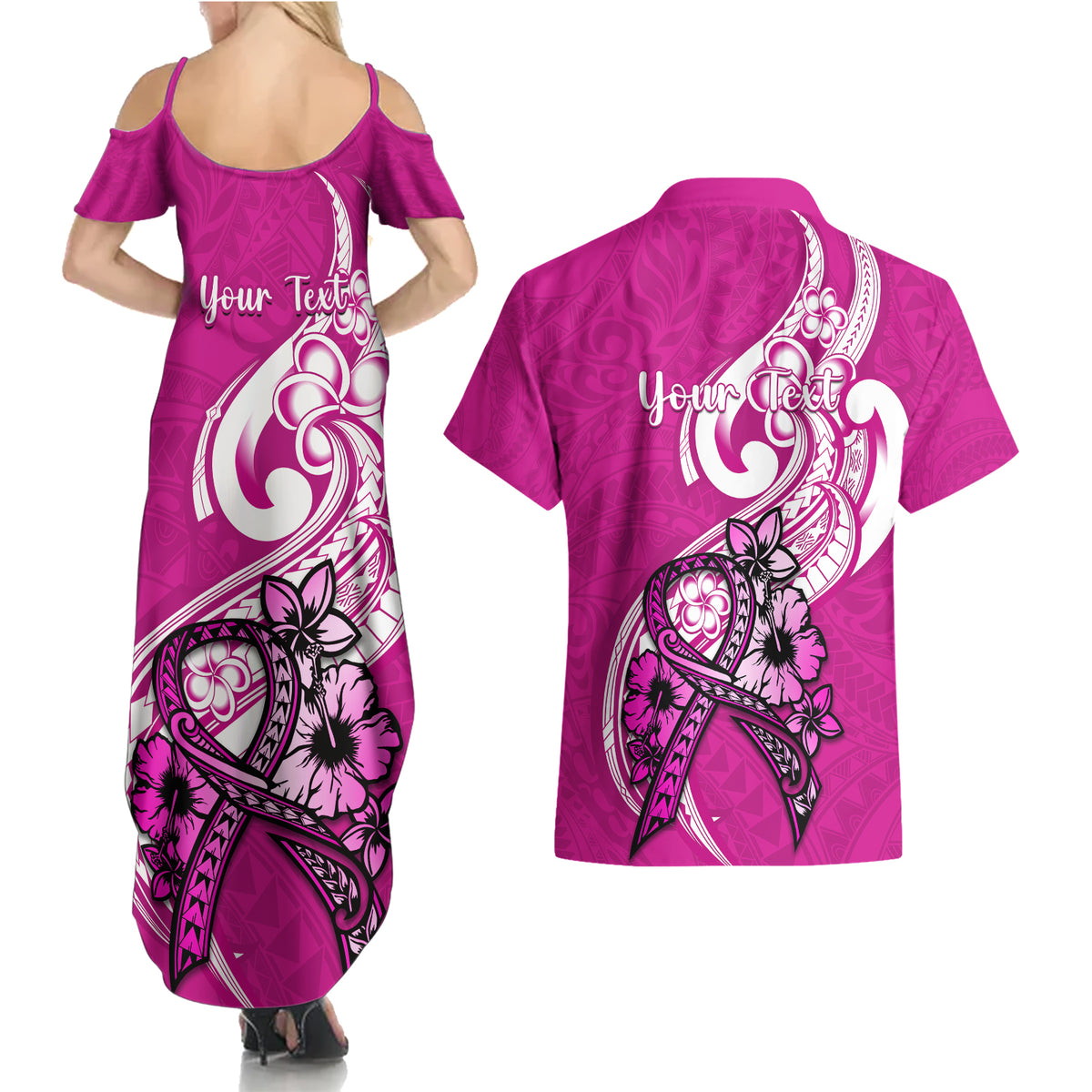 personalised-polynesia-breast-cancer-awareness-couples-matching-summer-maxi-dress-and-hawaiian-shirt-think-pink-polynesian-ribbon-white-version