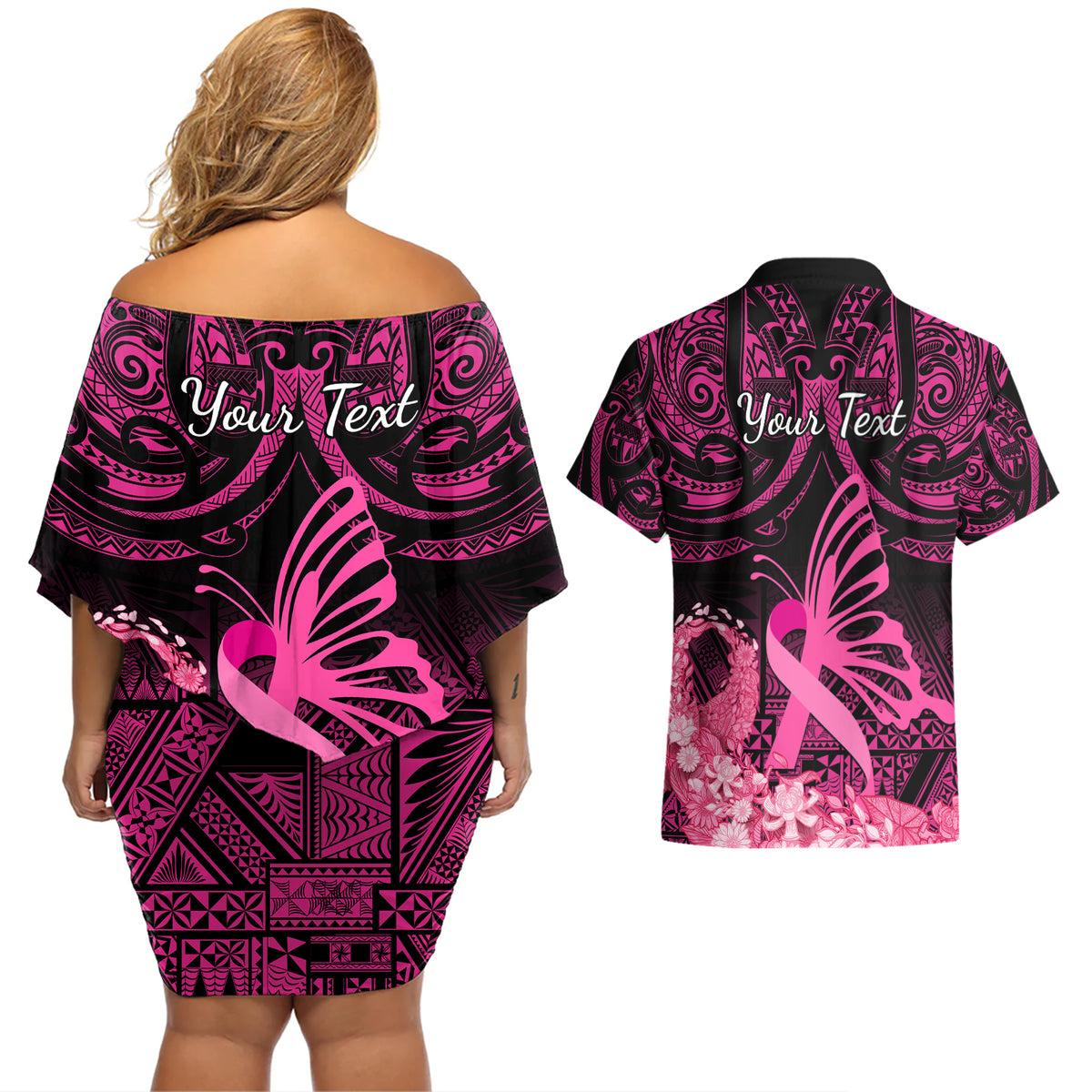 presonalised-tonga-breast-cancer-awareness-couples-matching-off-shoulder-short-dress-and-hawaiian-shirt-pink-ribbon-brave-strong-warrior-tongan-ngatu-pattern
