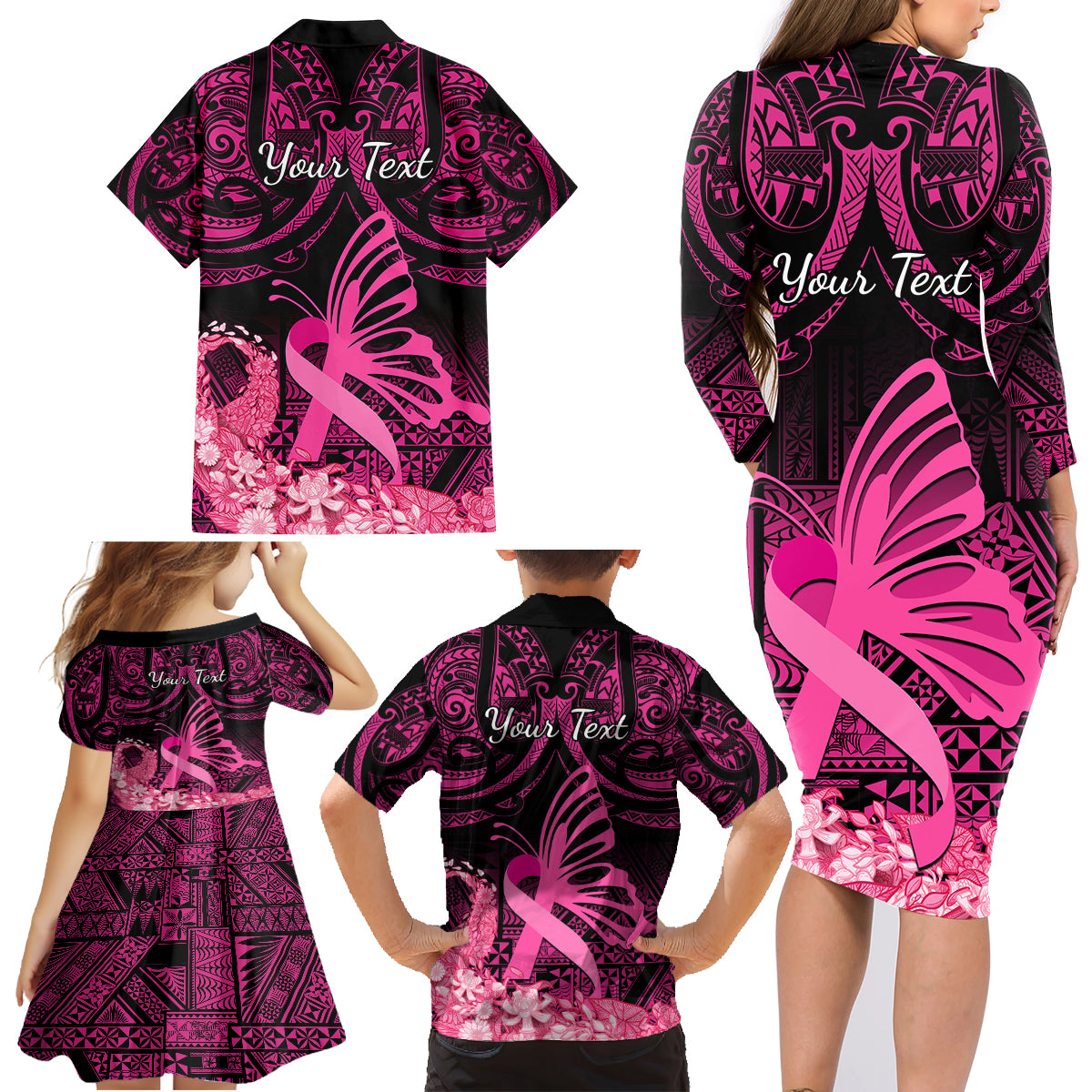 Presonalised Tonga Breast Cancer Awareness Family Matching Long Sleeve Bodycon Dress and Hawaiian Shirt Pink Ribbon Brave Strong Warrior Tongan Ngatu Pattern LT14 - Polynesian Pride