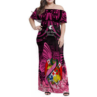 Presonalised Tonga Breast Cancer Awareness Family Matching Off Shoulder Maxi Dress and Hawaiian Shirt Pink Ribbon Brave Strong Warrior Tongan Ngatu Pattern LT14 Dad's Shirt - Long Sleeve Pink - Polynesian Pride