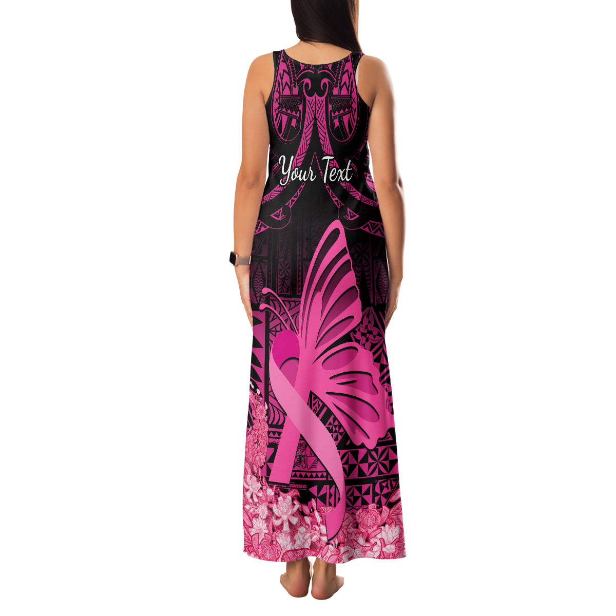 Presonalised Tonga Breast Cancer Awareness Family Matching Tank Maxi Dress and Hawaiian Shirt Pink Ribbon Brave Strong Warrior Tongan Ngatu Pattern LT14 - Polynesian Pride