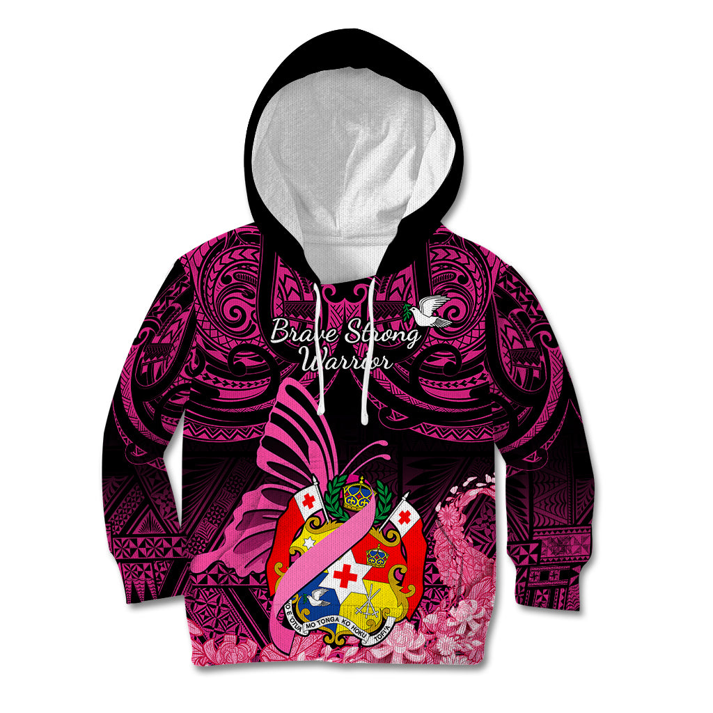 Presonalised Tonga Breast Cancer Awareness Kid Hoodie Pink Ribbon Brave Strong Warrior Tongan Ngatu Pattern LT14 Hoodie Pink - Polynesian Pride