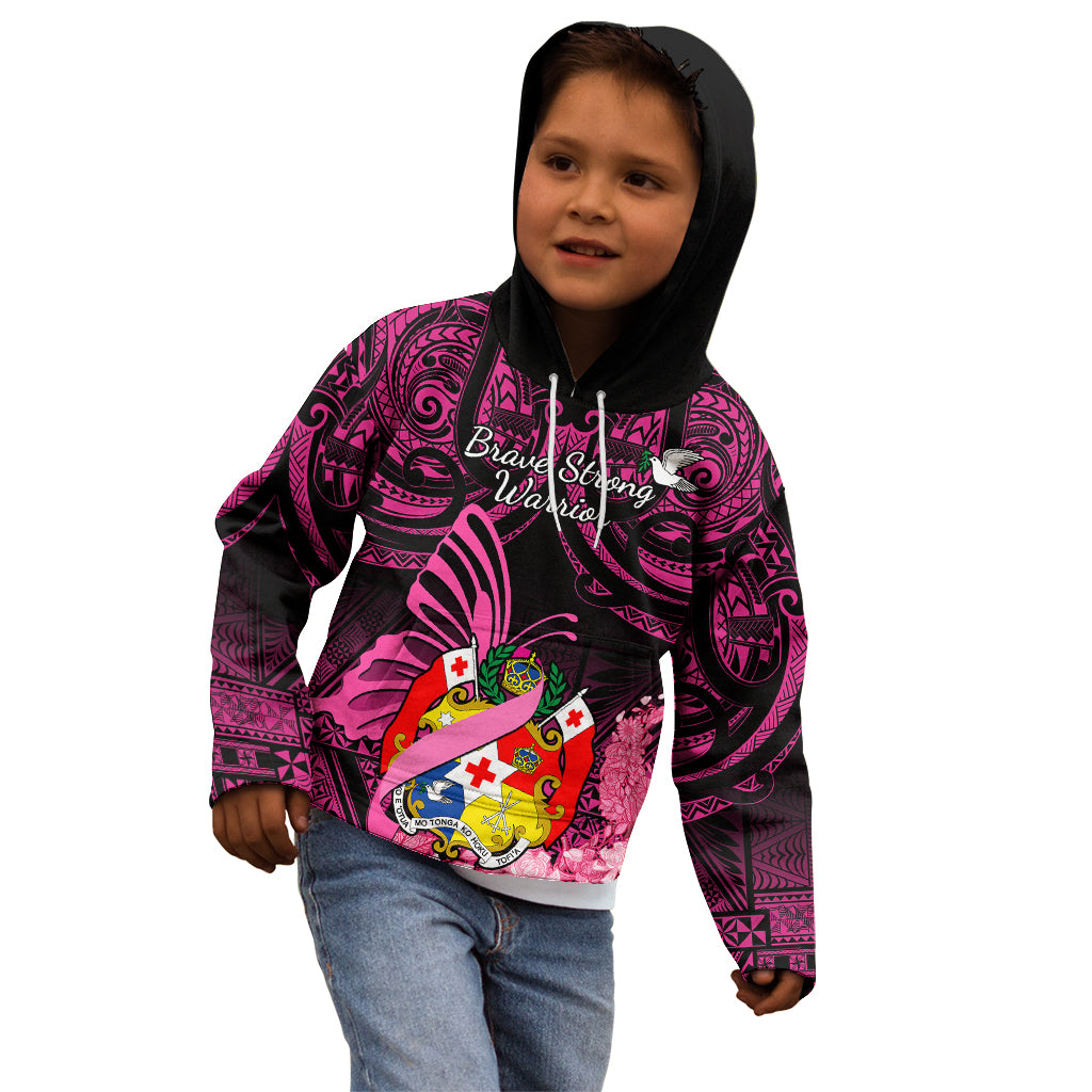 Presonalised Tonga Breast Cancer Awareness Kid Hoodie Pink Ribbon Brave Strong Warrior Tongan Ngatu Pattern LT14 - Polynesian Pride