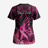 Presonalised Tonga Breast Cancer Awareness Scrub Top Pink Ribbon Brave Strong Warrior Tongan Ngatu Pattern - Polynesian Pride