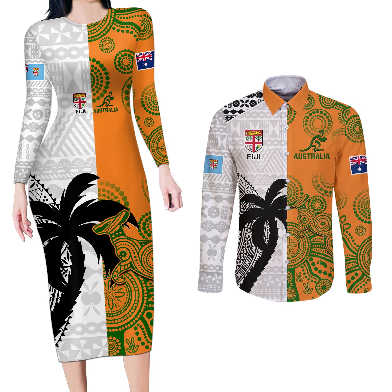 Fiji And Australia Rugby Couples Matching Long Sleeve Bodycon Dress and Long Sleeve Button Shirts 2023 World Cup Aboriginal Mix Tapa Pattern LT14 Gold - Polynesian Pride