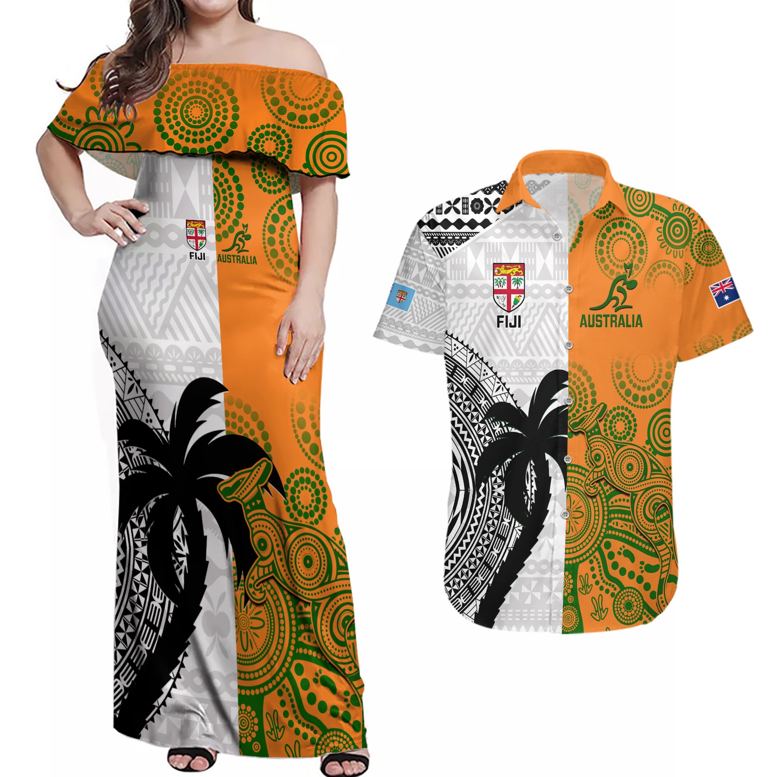 Fiji And Australia Rugby Couples Matching Off Shoulder Maxi Dress and Hawaiian Shirt 2023 World Cup Aboriginal Mix Tapa Pattern LT14 Gold - Polynesian Pride
