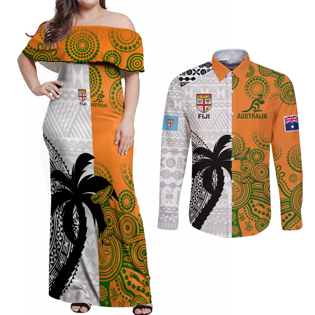 Fiji And Australia Rugby Couples Matching Off Shoulder Maxi Dress and Long Sleeve Button Shirts 2023 World Cup Aboriginal Mix Tapa Pattern LT14 Gold - Polynesian Pride