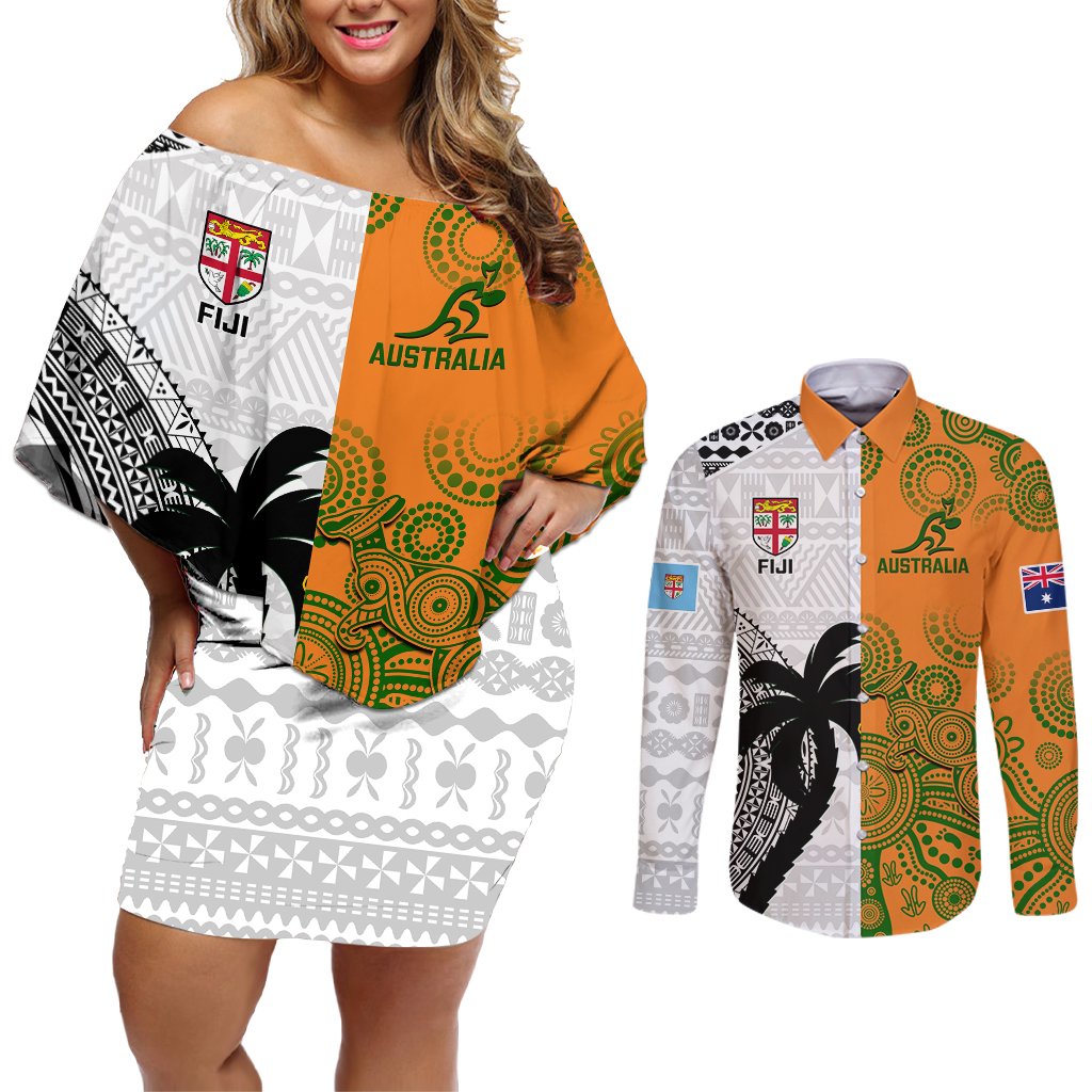 Fiji And Australia Rugby Couples Matching Off Shoulder Short Dress and Long Sleeve Button Shirts 2023 World Cup Aboriginal Mix Tapa Pattern LT14 Gold - Polynesian Pride
