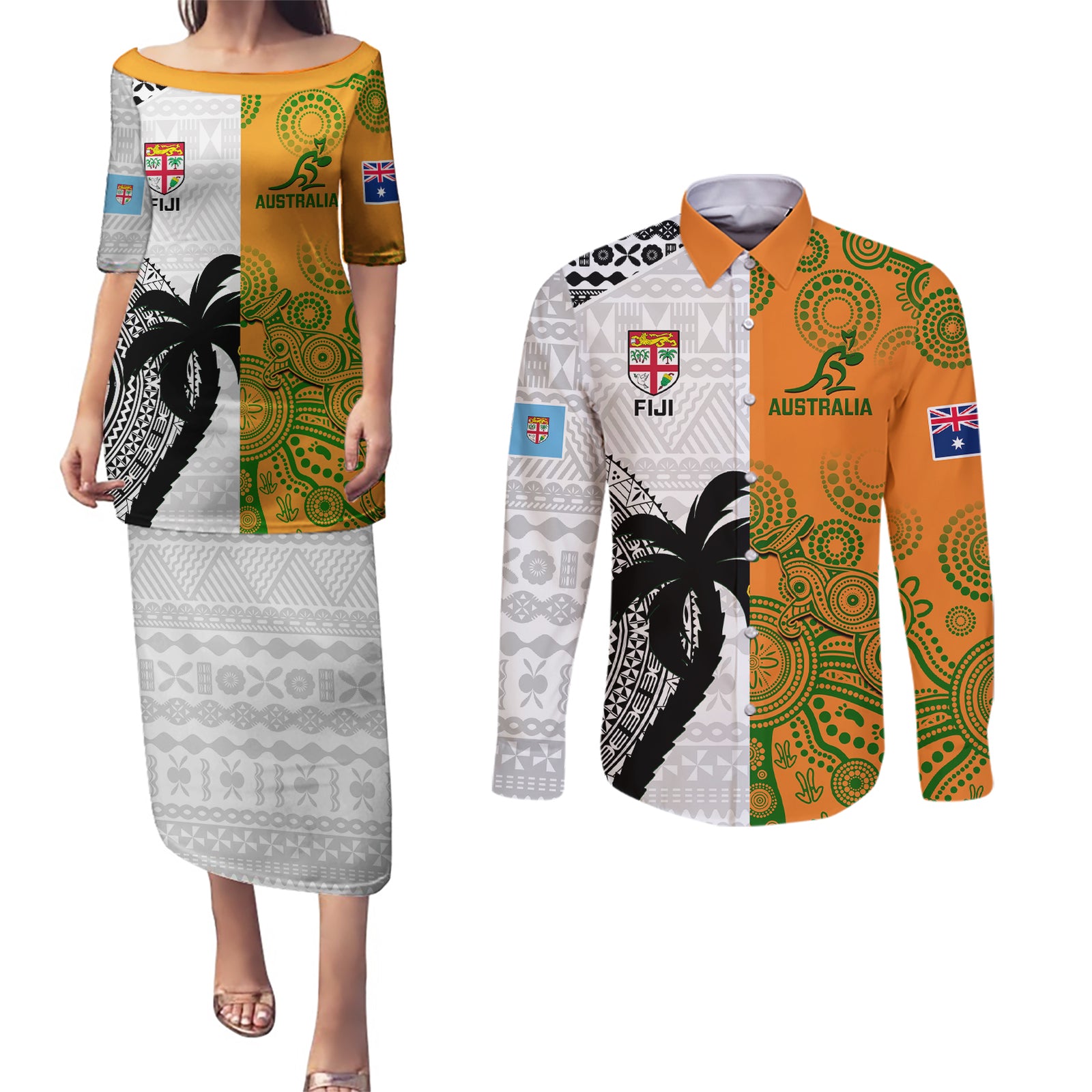 Fiji And Australia Rugby Couples Matching Puletasi Dress and Long Sleeve Button Shirts 2023 World Cup Aboriginal Mix Tapa Pattern LT14 Gold - Polynesian Pride