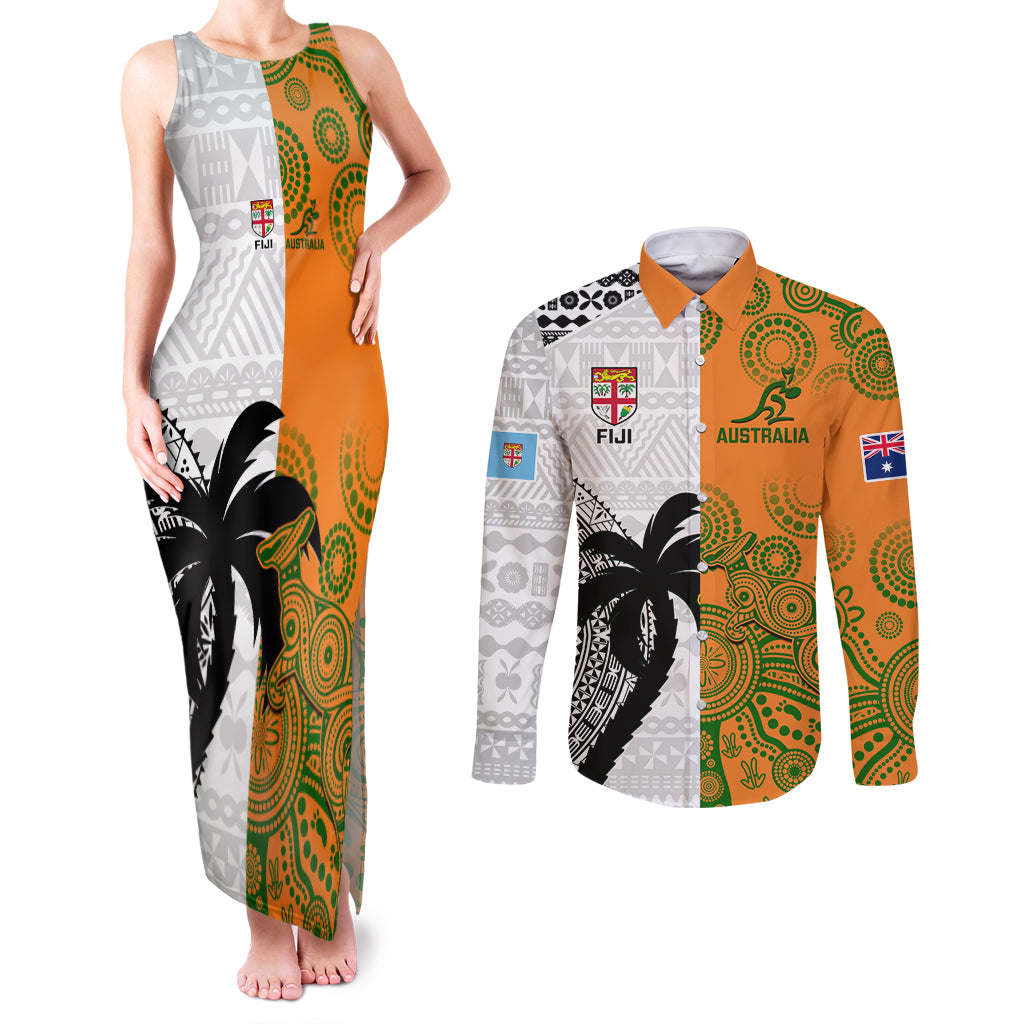 Fiji And Australia Rugby Couples Matching Tank Maxi Dress and Long Sleeve Button Shirts 2023 World Cup Aboriginal Mix Tapa Pattern LT14 Gold - Polynesian Pride