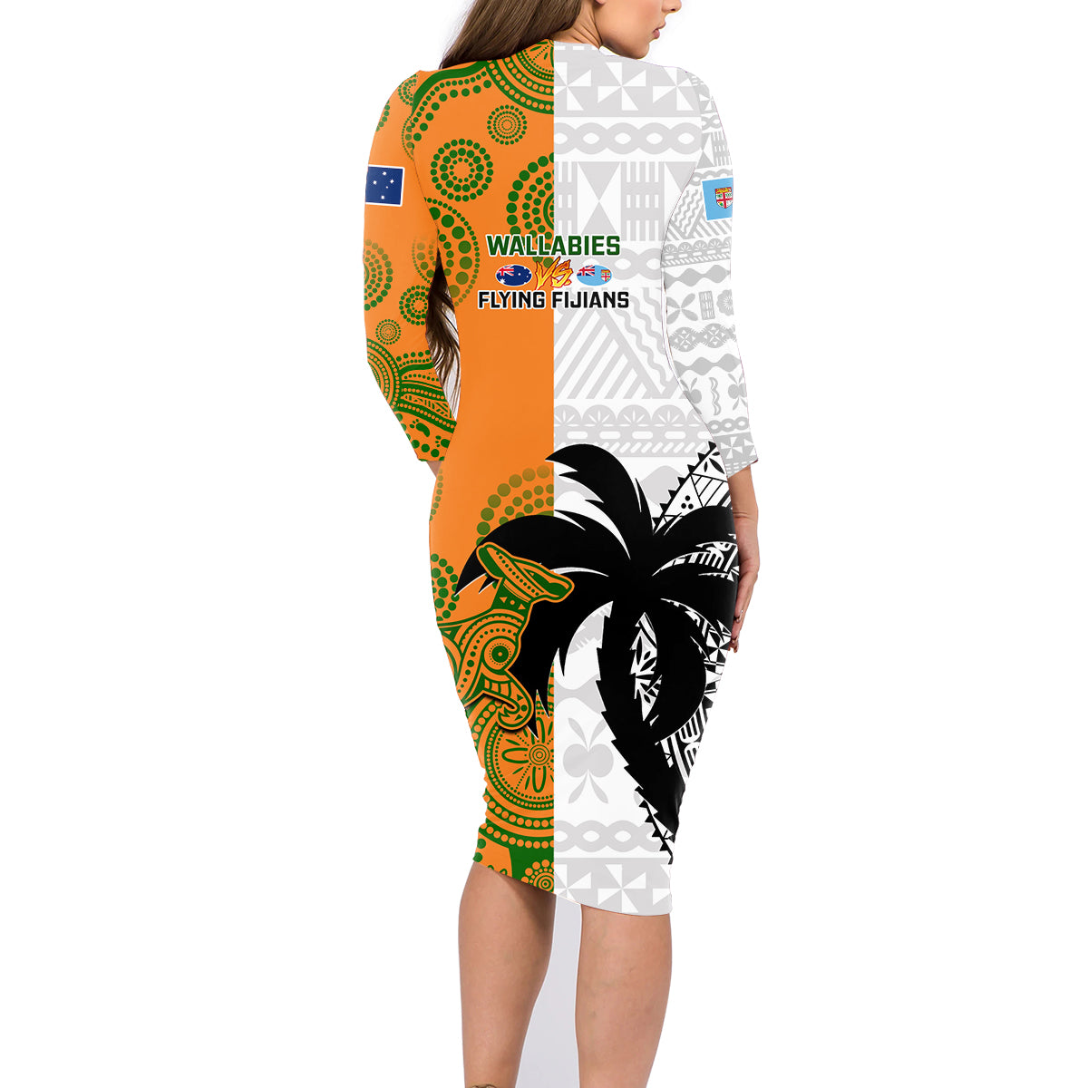fiji-and-australia-rugby-family-matching-long-sleeve-bodycon-dress-and-hawaiian-shirt-2023-world-cup-aboriginal-mix-tapa-pattern