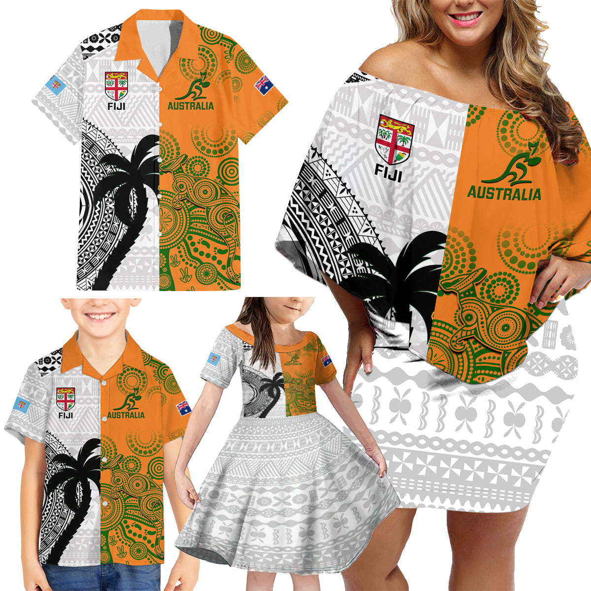 Fiji And Australia Rugby Family Matching Off Shoulder Short Dress and Hawaiian Shirt 2023 World Cup Aboriginal Mix Tapa Pattern LT14 - Polynesian Pride