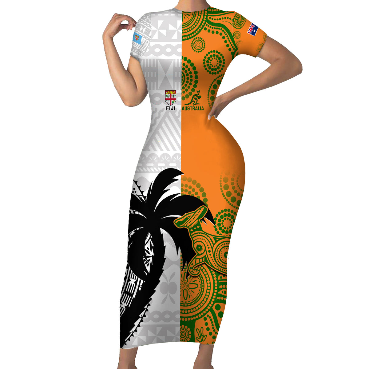 fiji-and-australia-rugby-family-matching-short-sleeve-bodycon-dress-and-hawaiian-shirt-2023-world-cup-aboriginal-mix-tapa-pattern