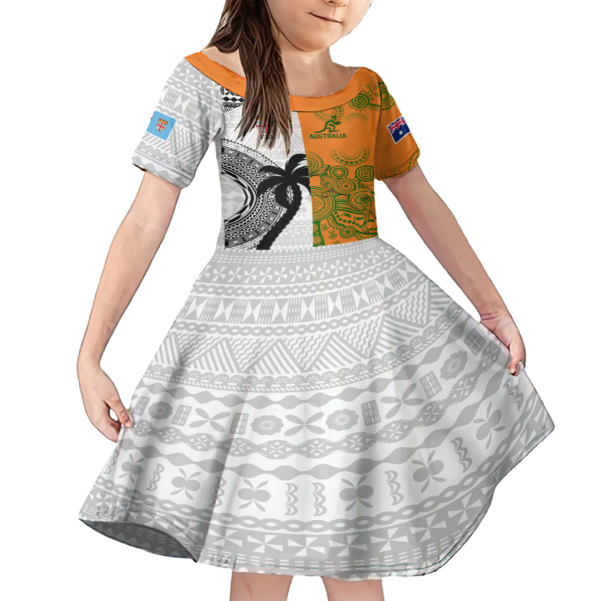 fiji-and-australia-rugby-kid-short-sleeve-dress-2023-world-cup-aboriginal-mix-tapa-pattern