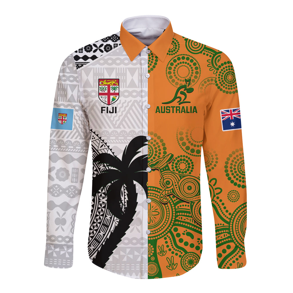 fiji-and-australia-rugby-long-sleeve-button-shirt-2023-world-cup-aboriginal-mix-tapa-pattern