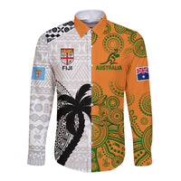 Fiji And Australia Rugby Long Sleeve Button Shirt 2023 World Cup Aboriginal Mix Tapa Pattern LT14 Unisex Gold - Polynesian Pride