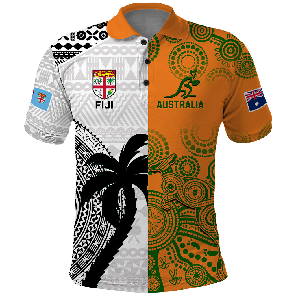 Fiji And Australia Rugby Polo Shirt 2023 World Cup Aboriginal Mix Tapa Pattern LT14 Gold - Polynesian Pride