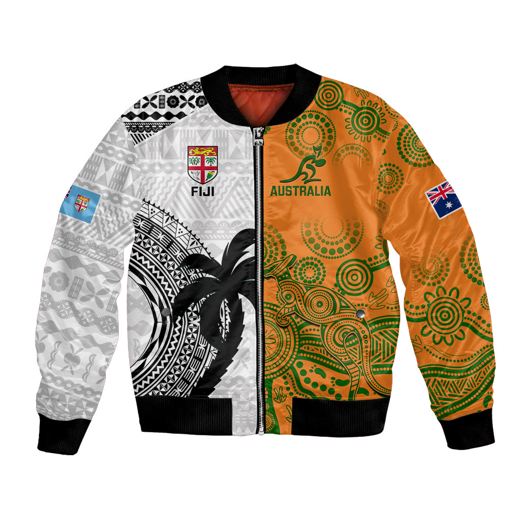 Custom Fiji And Australia Rugby Bomber Jacket 2023 World Cup Aboriginal Mix Tapa Pattern LT14 Unisex Gold - Polynesian Pride