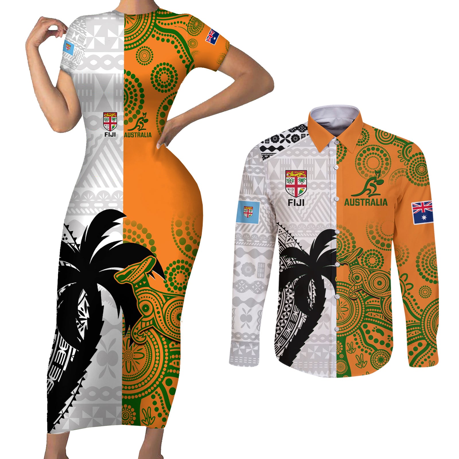 Custom Fiji And Australia Rugby Couples Matching Short Sleeve Bodycon Dress and Long Sleeve Button Shirts 2023 World Cup Aboriginal Mix Tapa Pattern LT14 Gold - Polynesian Pride