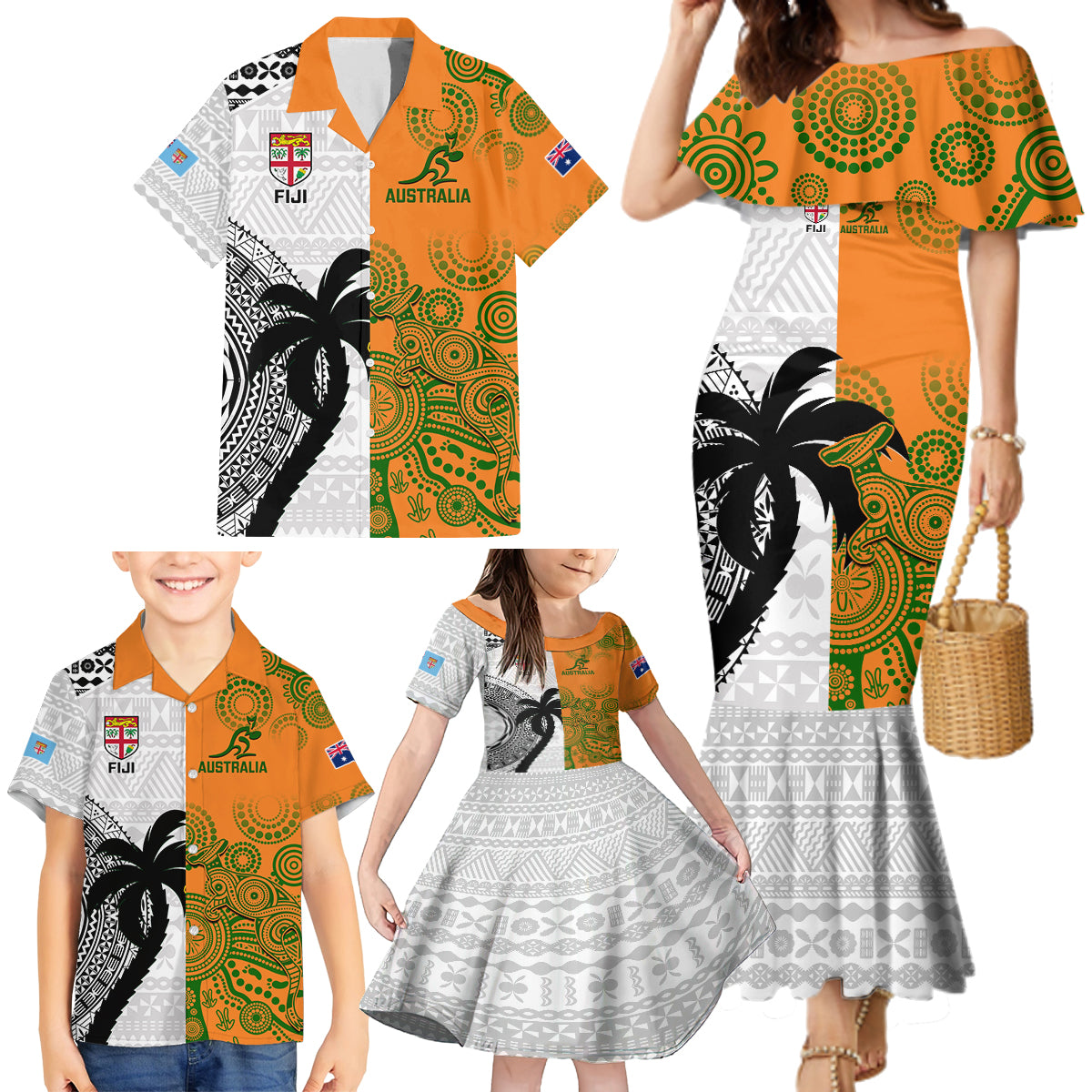 Custom Fiji And Australia Rugby Family Matching Mermaid Dress and Hawaiian Shirt 2023 World Cup Aboriginal Mix Tapa Pattern LT14 - Polynesian Pride