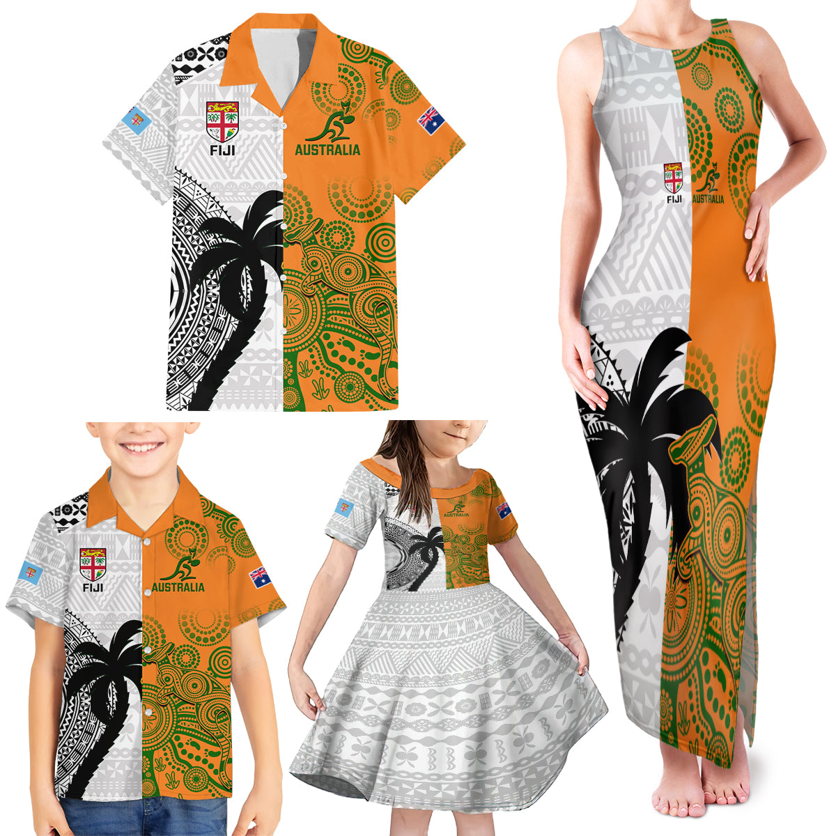 Custom Fiji And Australia Rugby Family Matching Tank Maxi Dress and Hawaiian Shirt 2023 World Cup Aboriginal Mix Tapa Pattern LT14 - Polynesian Pride