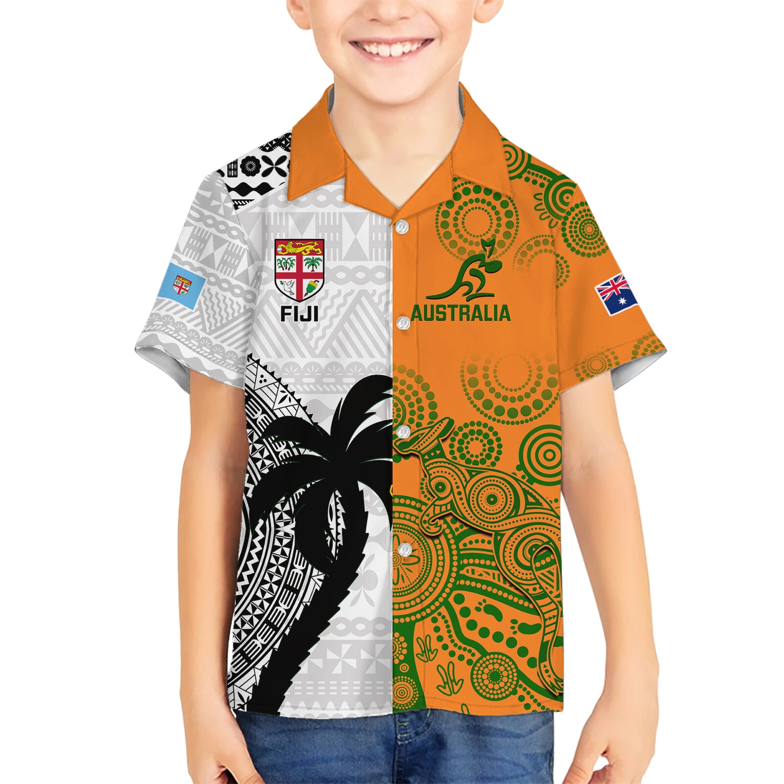 Custom Fiji And Australia Rugby Kid Hawaiian Shirt 2023 World Cup Aboriginal Mix Tapa Pattern LT14 Kid Gold - Polynesian Pride