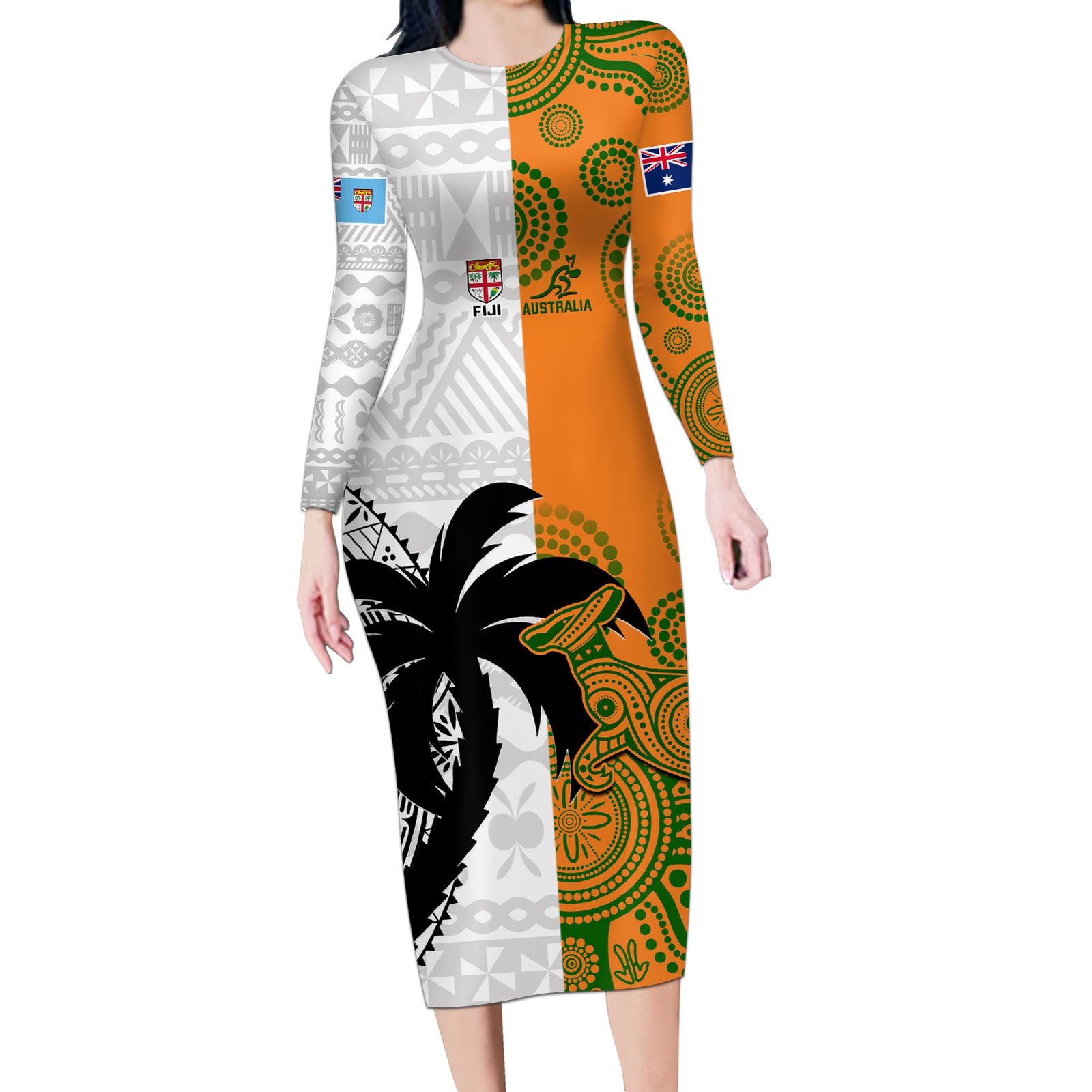 Custom Fiji And Australia Rugby Long Sleeve Bodycon Dress 2023 World Cup Aboriginal Mix Tapa Pattern LT14 Long Dress Gold - Polynesian Pride