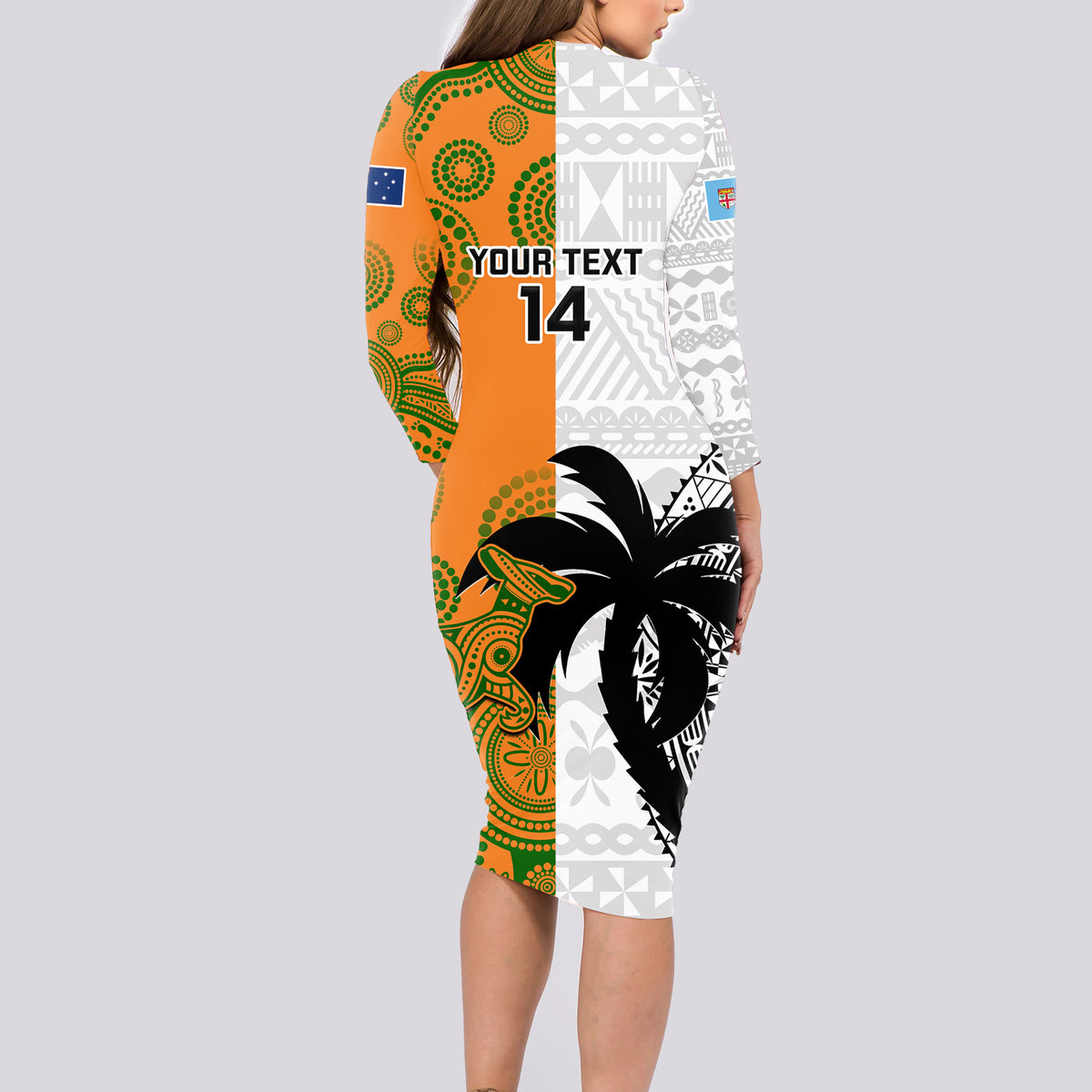 Custom Fiji And Australia Rugby Long Sleeve Bodycon Dress 2023 World Cup Aboriginal Mix Tapa Pattern LT14 - Polynesian Pride