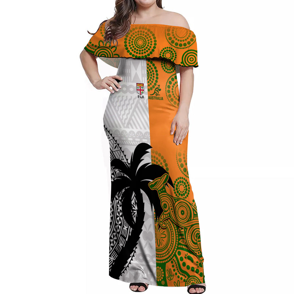 Custom Fiji And Australia Rugby Off Shoulder Maxi Dress 2023 World Cup Aboriginal Mix Tapa Pattern LT14 Women Gold - Polynesian Pride
