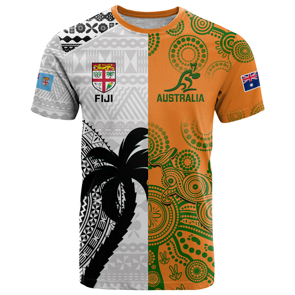 Custom Fiji And Australia Rugby T Shirt 2023 World Cup Aboriginal Mix Tapa Pattern LT14 Gold - Polynesian Pride