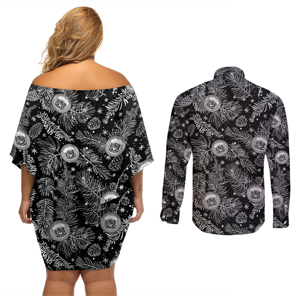 Hawaii Christmas Couples Matching Off Shoulder Short Dress and Long Sleeve Button Shirt Tropical Style With Coat Of Arms LT14 - Polynesian Pride