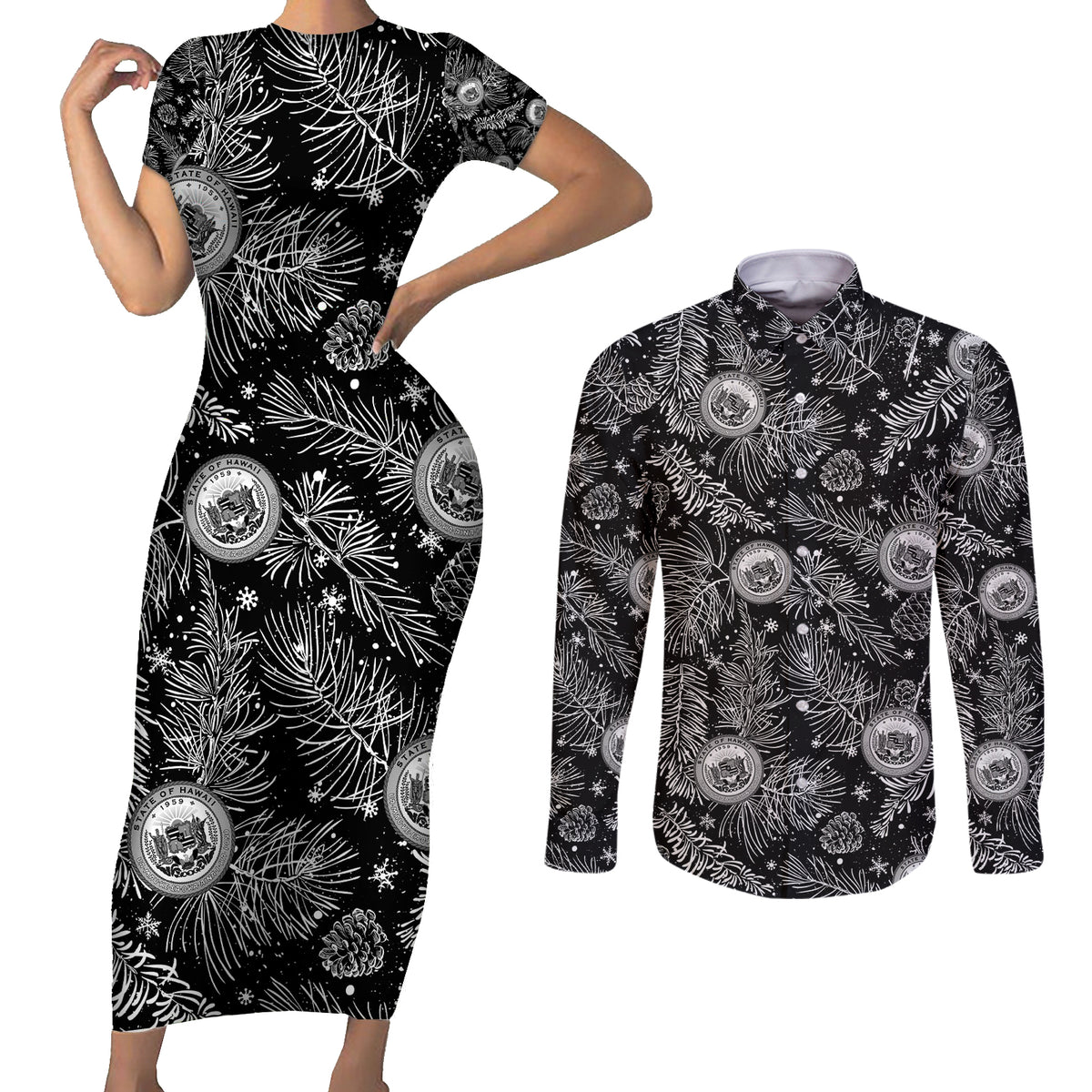 Hawaii Christmas Couples Matching Short Sleeve Bodycon Dress and Long Sleeve Button Shirt Tropical Style With Coat Of Arms LT14 Black - Polynesian Pride