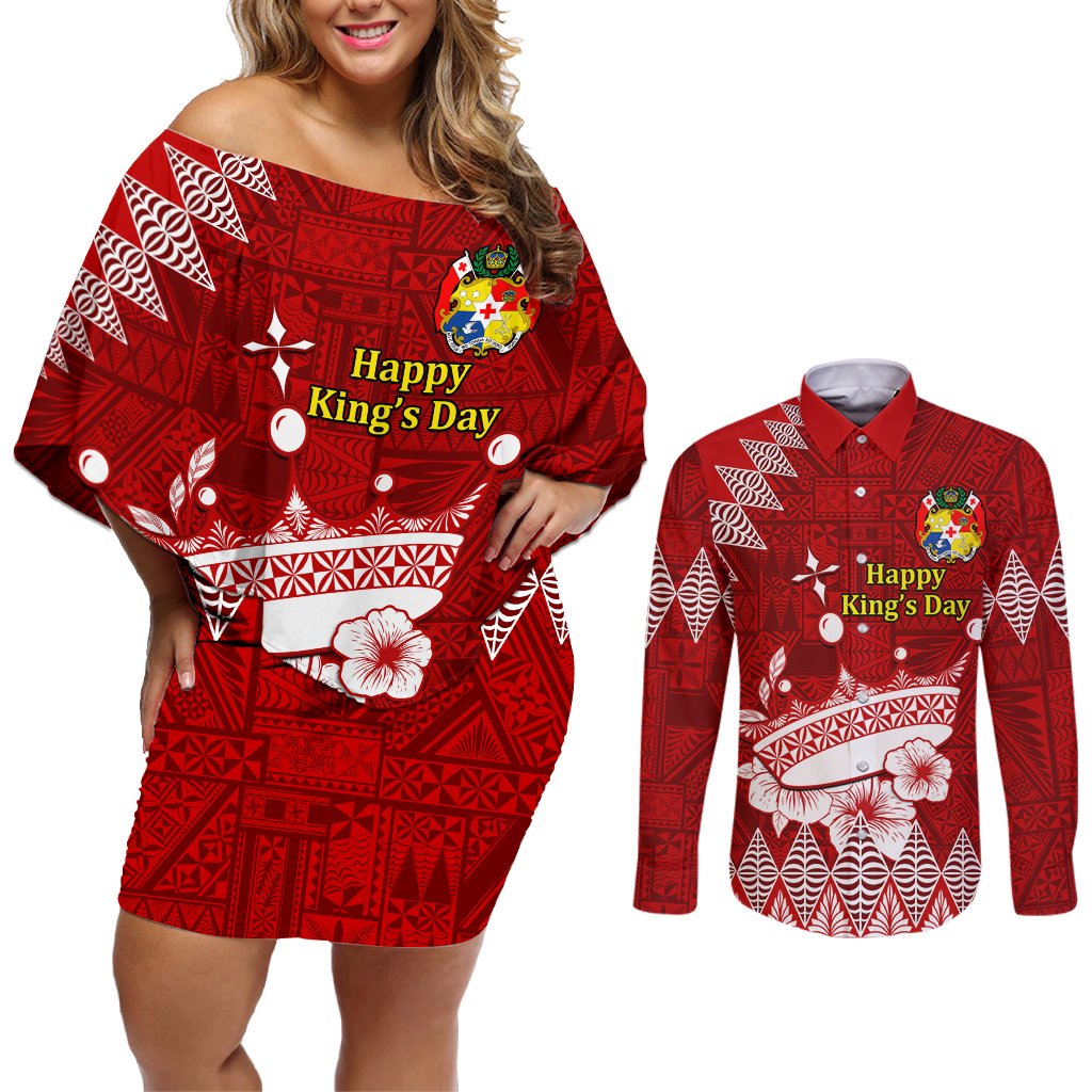 Personalised Tonga King Tupou I Day Couples Matching Off Shoulder Short Dress and Long Sleeve Button Shirt Tongan Ngatu Pattern With Crown LT14 Red - Polynesian Pride