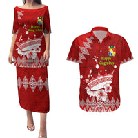 Personalised Tonga King Tupou I Day Couples Matching Puletasi Dress and Hawaiian Shirt Tongan Ngatu Pattern With Crown LT14 Red - Polynesian Pride
