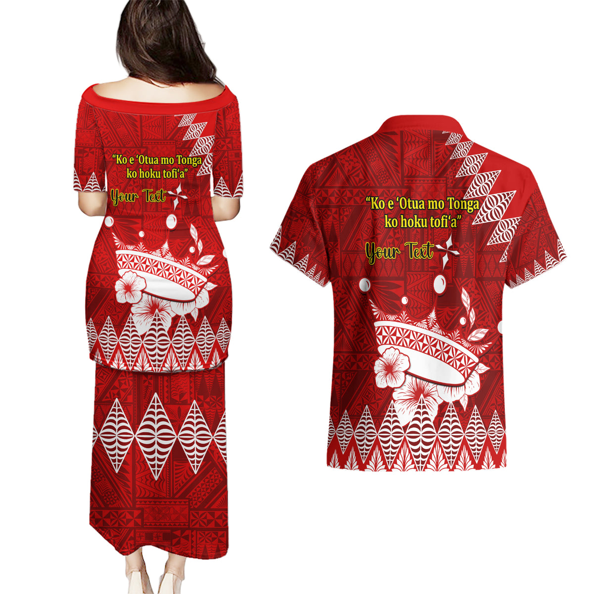 Personalised Tonga King Tupou I Day Couples Matching Puletasi Dress and Hawaiian Shirt Tongan Ngatu Pattern With Crown LT14 - Polynesian Pride
