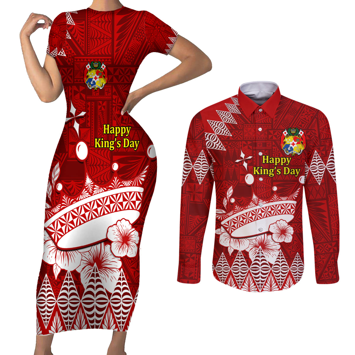 Personalised Tonga King Tupou I Day Couples Matching Short Sleeve Bodycon Dress and Long Sleeve Button Shirt Tongan Ngatu Pattern With Crown LT14 Red - Polynesian Pride