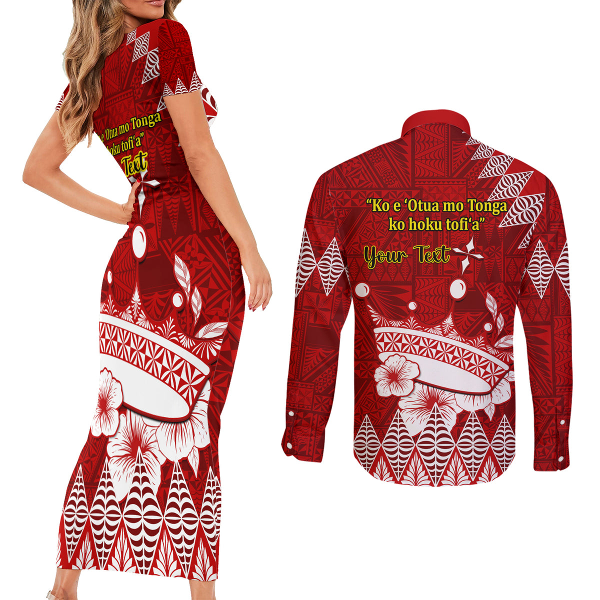 Personalised Tonga King Tupou I Day Couples Matching Short Sleeve Bodycon Dress and Long Sleeve Button Shirt Tongan Ngatu Pattern With Crown LT14 - Polynesian Pride