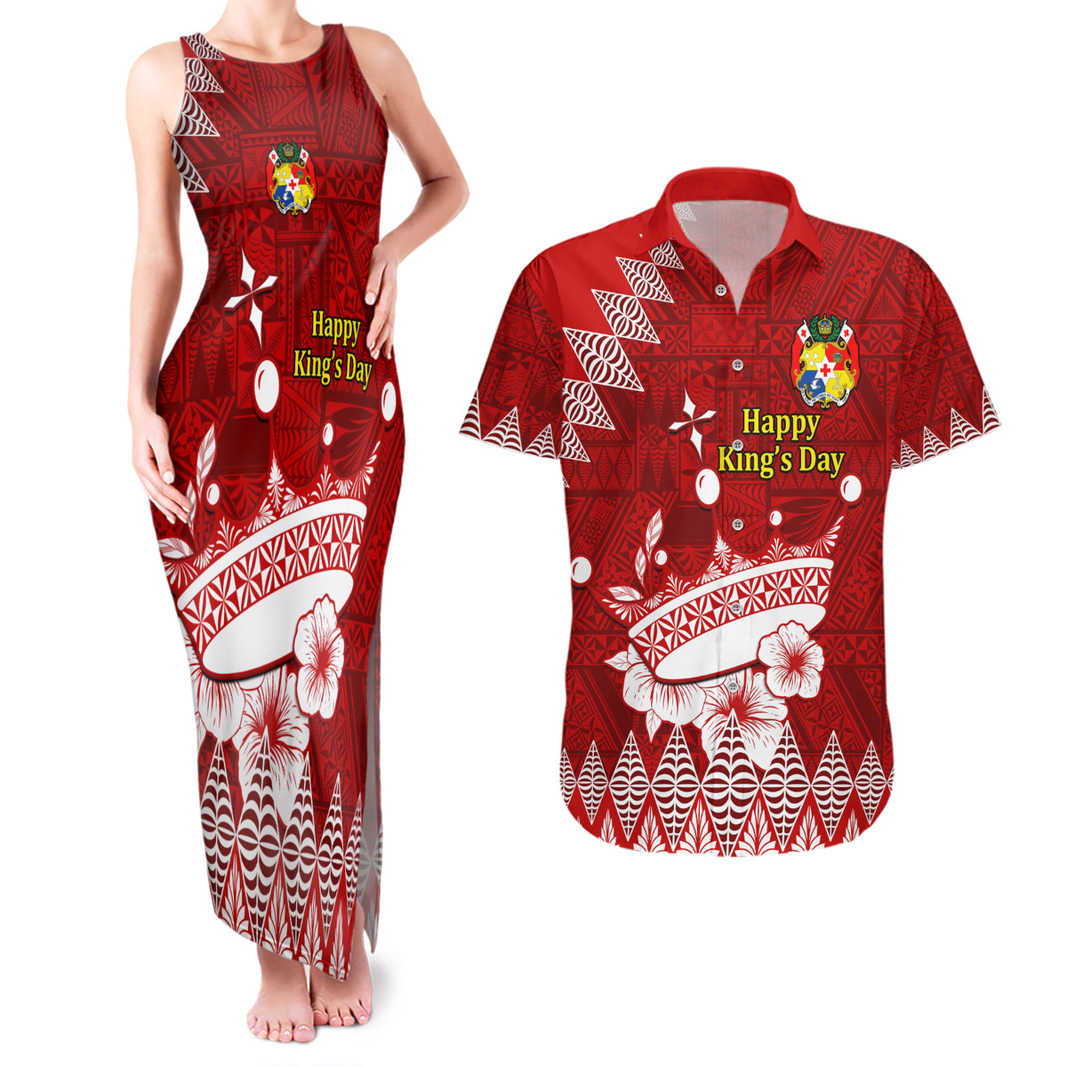 Personalised Tonga King Tupou I Day Couples Matching Tank Maxi Dress and Hawaiian Shirt Tongan Ngatu Pattern With Crown LT14 Red - Polynesian Pride