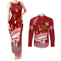 Personalised Tonga King Tupou I Day Couples Matching Tank Maxi Dress and Long Sleeve Button Shirt Tongan Ngatu Pattern With Crown LT14 Red - Polynesian Pride