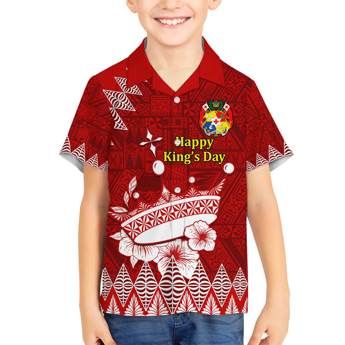 Personalised Tonga King Tupou I Day Family Matching Off Shoulder Long Sleeve Dress and Hawaiian Shirt Tongan Ngatu Pattern With Crown LT14 Son's Shirt Red - Polynesian Pride