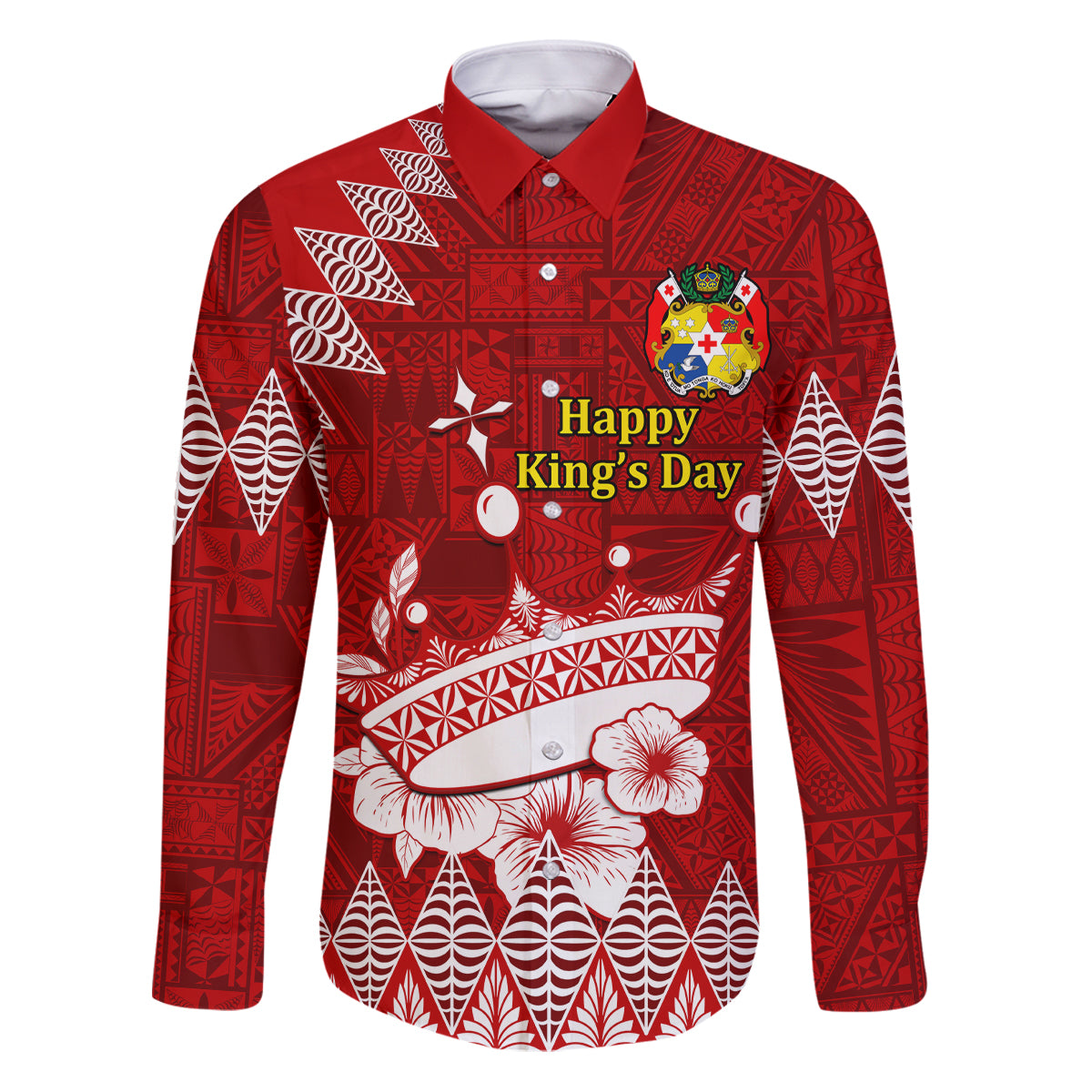 Personalised Tonga King Tupou I Day Family Matching Puletasi Dress and Hawaiian Shirt Tongan Ngatu Pattern With Crown LT14 Dad's Shirt - Long Sleeve Red - Polynesian Pride