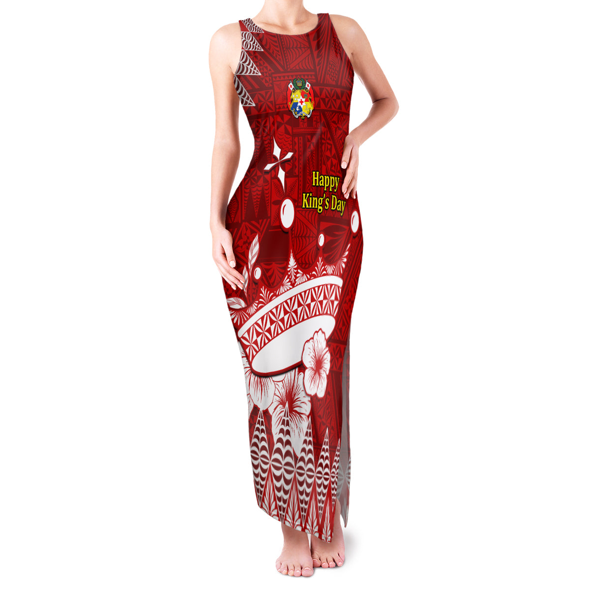 Personalised Tonga King Tupou I Day Family Matching Tank Maxi Dress and Hawaiian Shirt Tongan Ngatu Pattern With Crown LT14 Mom's Dress Red - Polynesian Pride