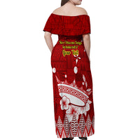 Personalised Tonga King Tupou I Day Off Shoulder Maxi Dress Tongan Ngatu Pattern With Crown LT14 - Polynesian Pride